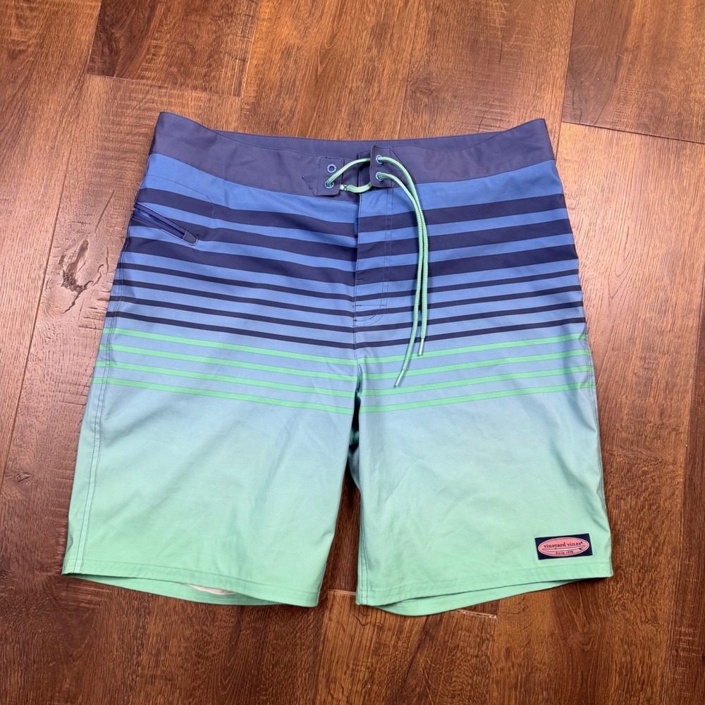 Vineyard Vines Men's 36 Board Shorts Blue Green Striped Swim Trunks